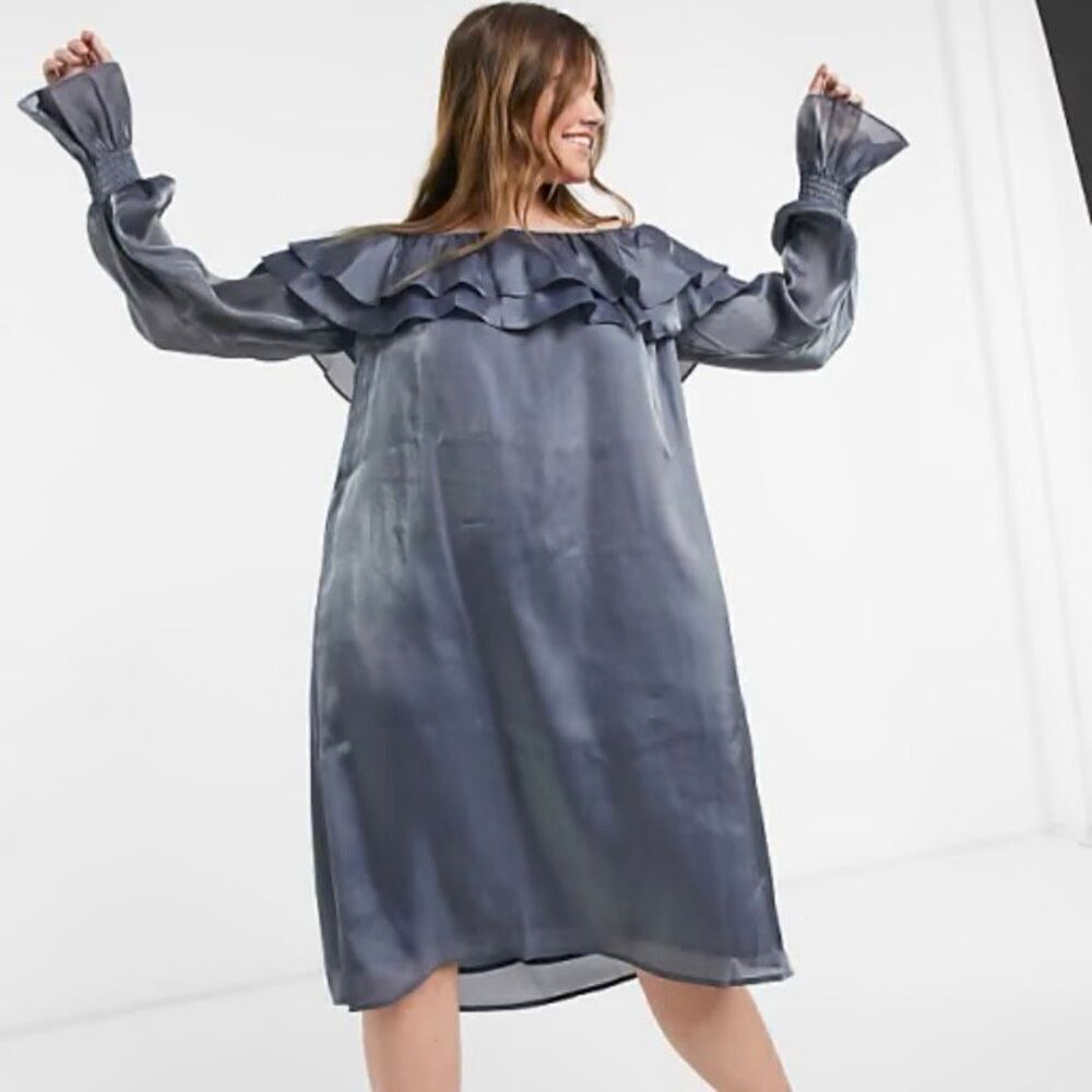 Elvi Bardot Blue Metallic Ruffle Off Shoulder Midi Dress NWT Size US 6/Small